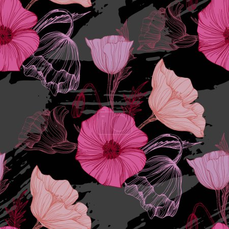 Illustration for Poppy Seamless Vector Pattern - Ink Drawing with Watercolor Texture - Royalty Free Image