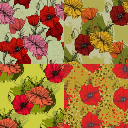 Illustration for Poppy Seamless Vector Pattern - Ink Drawing with Watercolor Texture - Royalty Free Image