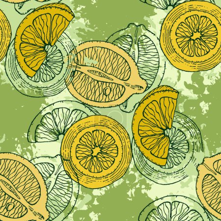 Téléchargez les illustrations : Modèle tropical sans couture avec des citrons. Joli fond d'été de fruits. Impression moderne vectorielle lumineuse pour papier, couverture, tissu. - en licence libre de droit