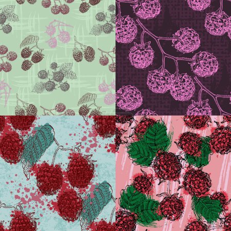 Illustration for Doodle raspberries and blackberries with abstract elements. Vector seamless pattern. Hand drawn illustrations. - Royalty Free Image