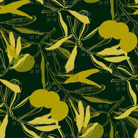 Ilustración de Aceitunas, patrón sin costura con ramas de olivo y hojas. Patrón minimalista simple de tela y papel pintado con elementos de la naturaleza y la botánica. - Imagen libre de derechos