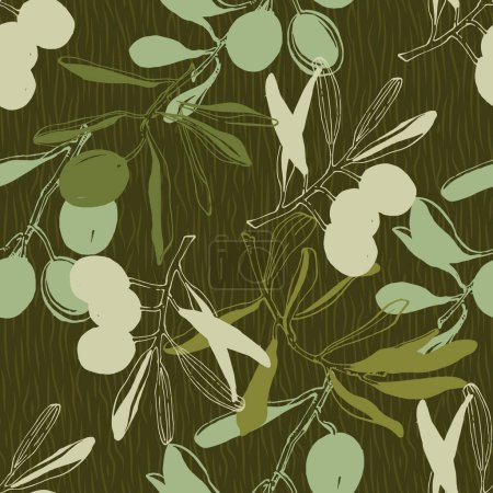 Téléchargez les illustrations : Olives, motif sans couture avec des branches et des feuilles d'olivier. Modèle minimaliste simple de tissu et de papier peint avec des éléments de la nature et de la botanique. - en licence libre de droit