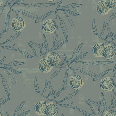 Ilustración de Aceitunas, patrón sin costura con ramas de olivo y hojas. Patrón minimalista simple de tela y papel pintado con elementos de la naturaleza y la botánica. - Imagen libre de derechos