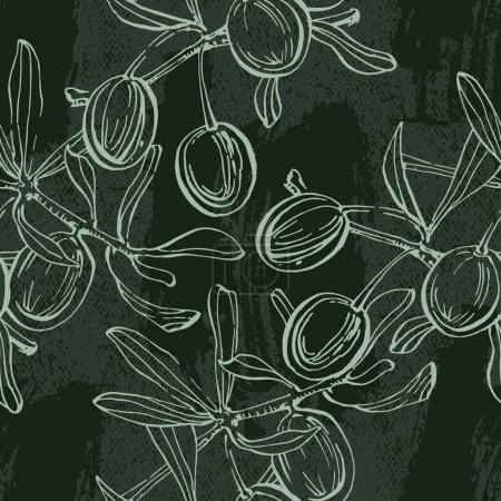 Téléchargez les illustrations : Olives, motif sans couture avec des branches et des feuilles d'olivier. Modèle minimaliste simple de tissu et de papier peint avec des éléments de la nature et de la botanique. - en licence libre de droit