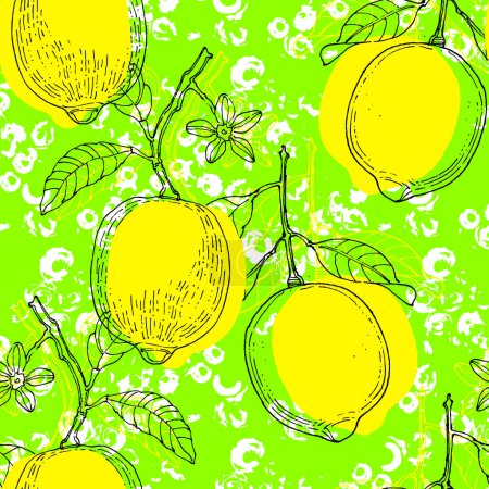 Illustration for Tropical seamless pattern with lemons. Fruit repeated background. Vector bright print for for banners, cards, flyers, social media wallpapers, etc. - Royalty Free Image