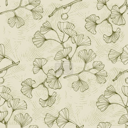 Illustration for Ginkgo Biloba Plant Seamless Pattern. Ayurvedic Medicine Theme. Japanese Tree. Nature leaves outline design for various textiles and the design of medical cosmetics. Vector illustration - Royalty Free Image