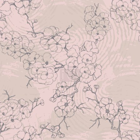 Téléchargez les illustrations : Modèle sans couture avec de belles fleurs de fleurs de cerisier, Sakura branche fleurs peinture. - en licence libre de droit