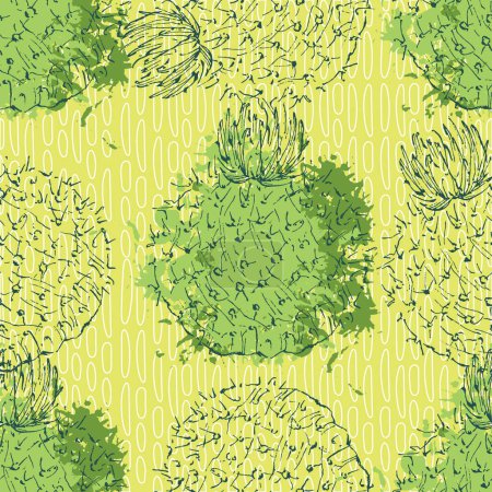 Illustration for Cactus Boho Seamless Pattern. Wild West motifs endless texture with cacti, mountains. Vector illustration in retro minimal style. Cacti repeat background print. - Royalty Free Image