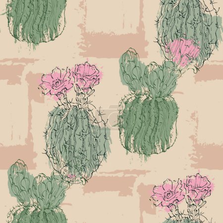 Kaktus Boho nahtloses Muster. Wild-West-Motive endlose Textur mit Kakteen, Bergen. Vektorillustration im Retro-Minimal-Stil. Kakteen wiederholen Hintergrunddruck.