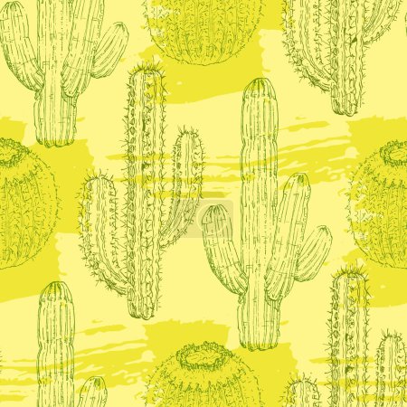 Ilustración de Cactus Boho Seamless Pattern. Motivos del salvaje oeste textura sin fin con cactus, montañas. Ilustración vectorial en estilo minimalista retro. Cactus repetir impresión de fondo. - Imagen libre de derechos