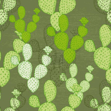 Illustration for Cactus Boho Seamless Pattern. Wild West motifs endless texture with cacti, mountains. Vector illustration in retro minimal style. Cacti repeat background print. - Royalty Free Image