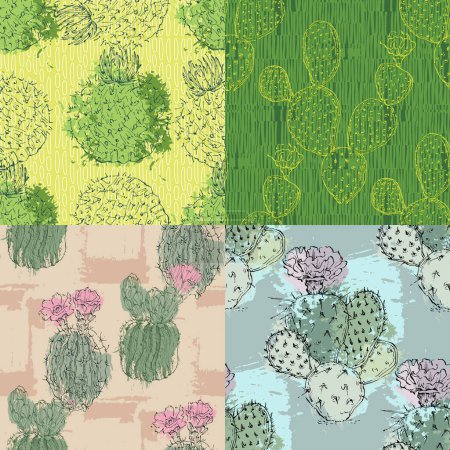 Cactus Boho Seamless Pattern. Motivos del salvaje oeste textura sin fin con cactus, montañas. Ilustración vectorial en estilo minimalista retro. Cactus repetir impresión de fondo.