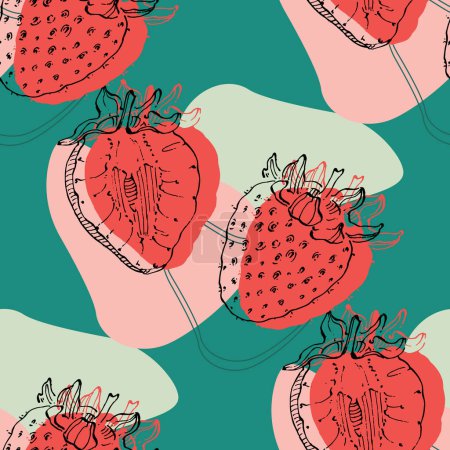 Illustration for Strawberry seamless pattern. Repeating background with summer fruit. Use for fabric, gift wrap, packaging. - Royalty Free Image