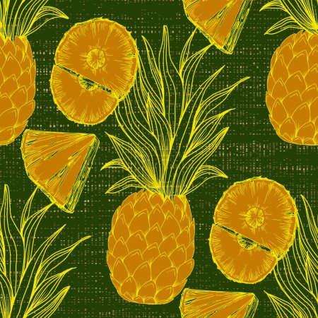 Téléchargez les illustrations : Ananas sans couture, fruits tropicaux mûrs. Impression d'été pour textile, emballage, tissu, papier peint. - en licence libre de droit