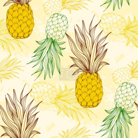 Téléchargez les illustrations : Ananas sans couture, fruits tropicaux mûrs. Impression d'été pour textile, emballage, tissu, papier peint. - en licence libre de droit