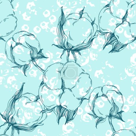 Illustration for Seamless pattern cotton blossom flowers, endless texture, ink sketch art. Vector illustration for wedding invitations, wallpaper, textile, wrapping paper - Royalty Free Image