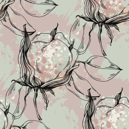 Illustration for Seamless pattern cotton blossom flowers, endless texture, ink sketch art. Vector illustration for wedding invitations, wallpaper, textile, wrapping paper - Royalty Free Image