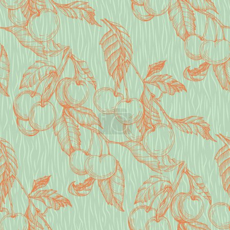 Illustration for Cherry seamless pattern. Summer berries, fruits, leaves, flowers background. Vector illustration for spring cover, tropical wallpaper texture, backdrop, wedding invitation - Royalty Free Image