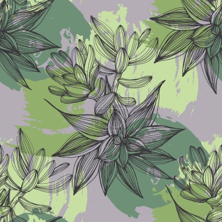 Ilustración de Suculentas Patrón sin costuras con flores tropicales abstractas, hojas y formas. Diseño de florales de selva de verano. Ideal para la tela, textil, papel de embalaje, papel pintado. Textura vectorial - Imagen libre de derechos