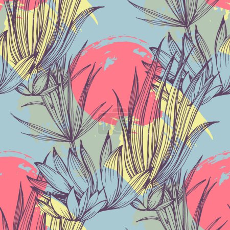 Illustration for Succulents Seamless pattern with abstract tropical flowers, leaves and shapes. Summer jungle florals design. Great for fabric, textile, wrapping paper, wallpaper. Vector texture - Royalty Free Image
