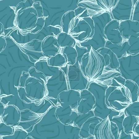 Illustration for Cotton flower seamless pattern. Cotton branches with leaves are suitable for fabric, textiles, clothing, web pages, wallpapers, backgrounds. - Royalty Free Image