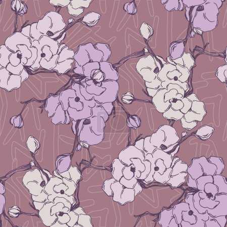 Téléchargez les illustrations : Japonais fleur de cerisier sakura motif sans couture. Tissu de lin, fond de papier peint. Fleurs de cerisier imprimé textile, tissu fleur d'arbre de printemps, fleurs simples roses. - en licence libre de droit
