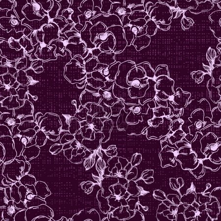 Illustration for Japanese cherry blossom sakura seamless pattern. Linen fabric, wallpaper background. Cherry flowers textile print, spring tree blossom fabric, rosy simple flowers. - Royalty Free Image