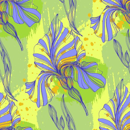 Illustration for Seamless pattern of iris flowers. Beautiful romantic flowers. Cottage core aesthetic floral print for fabric, scrapbook, wrapping, card making - Royalty Free Image