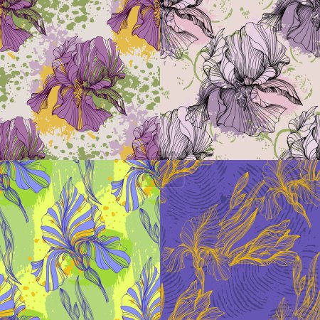 Illustration for Seamless pattern of iris flowers. Beautiful romantic flowers. Cottage core aesthetic floral print for fabric, scrapbook, wrapping, card making - Royalty Free Image