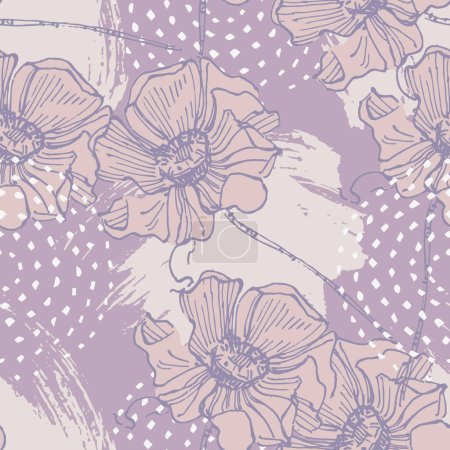 Illustration for Seamless pattern of flowers with background. Beautiful Cosmea flowers background. Vector illustration of textured abstract art textile flower design. - Royalty Free Image