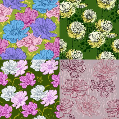 Illustration for Seamless pattern of flowers with background. Beautiful Cosmea flowers background. Vector illustration of textured abstract art textile flower design. - Royalty Free Image