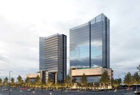 Foto de 3d render business towers building view from street - Imagen libre de derechos