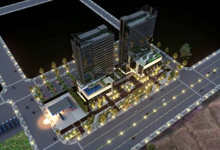 Foto de 3d render business towers building view from street - Imagen libre de derechos