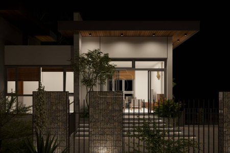 Foto de 3d render luxury villa house exterior view at sunset - Imagen libre de derechos