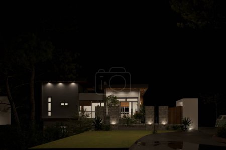 Foto de 3d render luxury villa house exterior view at sunset - Imagen libre de derechos