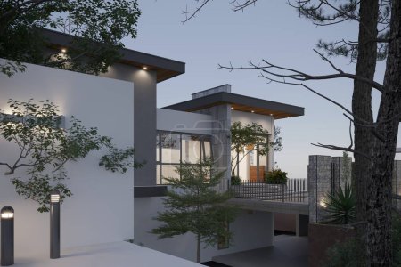 Photo for 3d render luxury villa house exterior view at sunset - Royalty Free Image