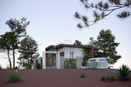 Téléchargez les photos : 3d render luxury villa house exterior view at sunset - en image libre de droit