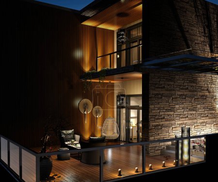 Foto de 3d renderizado de la casa de lujo y vista al patio por la noche - Imagen libre de derechos