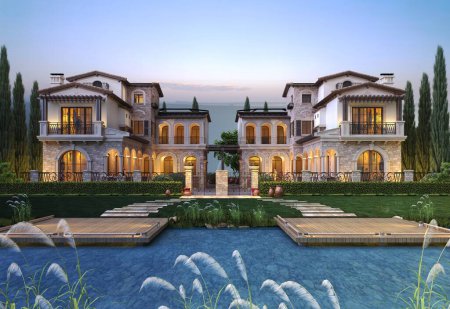 Foto de 3d renderizado de villa de lujo casa vista exterior al atardecer - Imagen libre de derechos