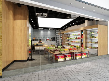 Vegetables and fruits store, grocery 3d rendering.