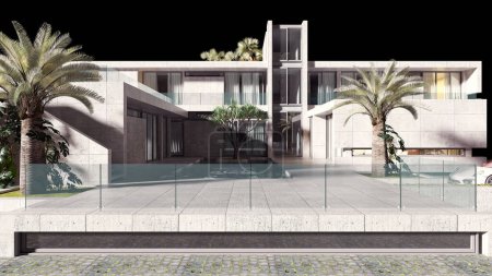 Foto de 3d renderizar villa de lujo exterior de la casa por la noche - Imagen libre de derechos