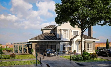 Photo for Modern villa house with pergola, gazebo. 3d rendering. - Royalty Free Image