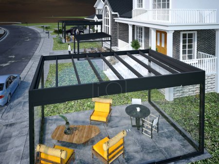 Téléchargez les photos : Solarium au patio de la maison américaine. Winter Garden. Rendu 3d - en image libre de droit