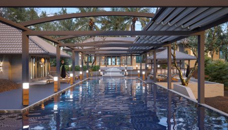 Téléchargez les photos : Villa de luxe maison et piscine, pergola sur la piscine. Rendu 3d - en image libre de droit