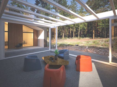 Foto de Moderna casa de campo y cenador solarium en patio, 3d renderizado - Imagen libre de derechos