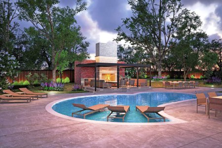 Téléchargez les photos : 3d rendu de vue sur la piscine du village de luxe - en image libre de droit