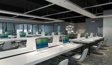 Foto de Espacio de trabajo moderno, oficina abierta. renderizado 3d - Imagen libre de derechos