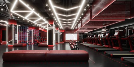 Téléchargez les photos : Salle de fitness moderne salle d'entraînement saloon, couleur rouge conçu centre sportif. 3d rendu - en image libre de droit