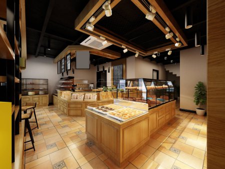 Téléchargez les photos : Intérieur moderne de la maison de café de boulangerie, rendu 3D - en image libre de droit