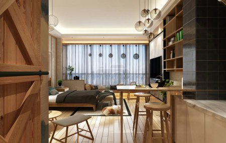 Téléchargez les photos : 3d rendre loft appartement intérieur - en image libre de droit